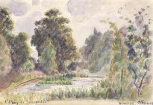 Pond at Kew Gardens, 1892 (wc over grafitblyant på lagt papir) af Camille Jacob Pissarro