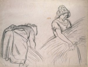 Studie af to kvindelige mejetærskere, 1882 (sort kridt på pink papir med hvid) af Camille Jacob Pissarro