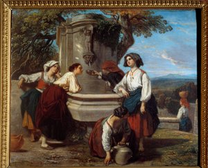 Ossaloises ved springvandet Bønder fra Ossau-dalen mødes for at diskutere ved springvandet. Maleri af Camille Roqueplan (1803-1855)