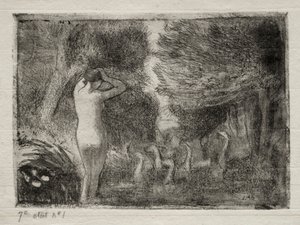 Badegæster og gæs af Camille Pissarro