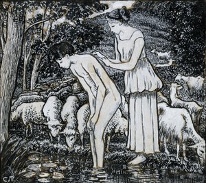 Chloë vasker Daphnis ved et vandløb, kompositionsstudie til en illustration, c1895 af Camille Pissarro