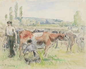 Kompositionsstudie af en malkescene i Eragny-sur-Epte, 1884 af Camille Pissarro