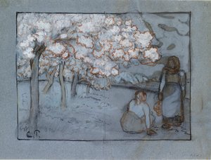 Kompositionsstudie af to kvindelige bønder, der samtaler i en frugthave, c1894 af Camille Pissarro