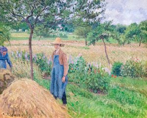 Gartner stående ved en høstak, overskyet himmel, Eragny af Camille Pissarro