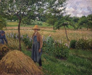 Gartner stående ved en høstak, overskyet himmel, Eragny, 1899. af Camille Pissarro