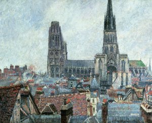 Tagene i det gamle Rouen: Gråt vejr (katedral) af Camille Pissarro