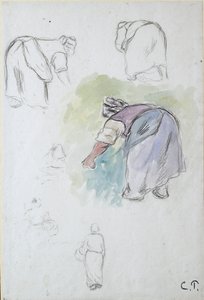 Studieark: fire undersøgelser af en kvindelig bonde, der bøjer sig, og to undersøgelser af en kvinde, der holder en bas af Camille Pissarro