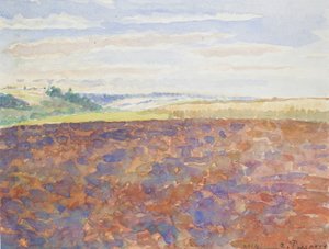 Studie af et landskab med en pløjet mark, Eragny-sur-Epte, c1886-1890 af Camille Pissarro