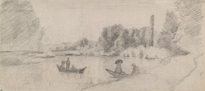 Studie af et flodlandskab med både, 1863-1864 af Camille Pissarro