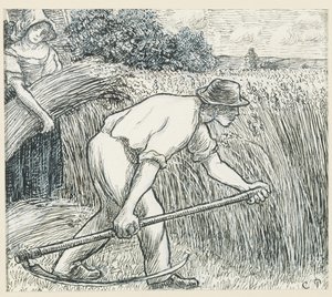 The Harvest, ca. 1895 (pen og blæk med blyhvid gouache på papir) af Camille Jacob Pissarro