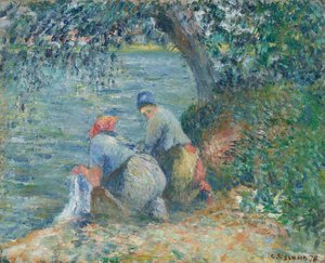 Vaskekvinder ved vandkanten, Pontoise, 1878. af Camille Pissarro