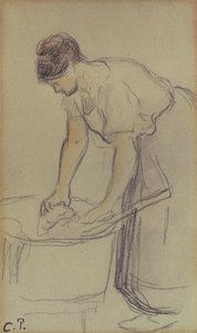 Kvinde vasker vasketøj (akvarel og blyant på papir) af Camille Pissarro