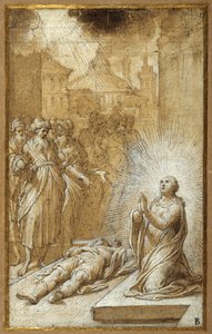 Kvindelig helgen, der beder ved liget af en død mand (fin pen og brunt blæk med brun vask og forhøjning) af Camillo Procaccini