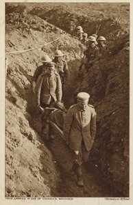 Tilfangetagne tyskere bærer en såret canadisk soldat på en båre, Første Verdenskrig (s/h-foto) af Canadian Photographer