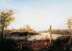 Jacques Cartier (1491-1557) rejser kors ved Stadacona, hvor byen Quebec nu ligger