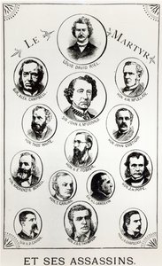 Louis Riel (1844-85) og hans lejemordere, illustration fra Le Gibet de Regina, udgivet 1886