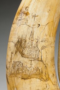Powder horn, engraved with a map of the St. Lawrence River in the area of Quebec.1759 dani