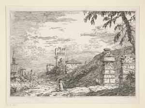 Landskab med tårn og to ødelagte søjler, fra serien Vedute (Views) af Canaletto (Giovanni Antonio Canal)