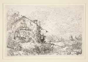 Landskab med en kvinde ved en brønd, fra serien Vedute (Views) af Canaletto (Giovanni Antonio Canal)