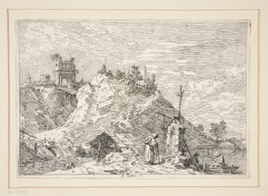 Landskab med pilgrimen ved bønnen, fra serien Vedute (Views) af Canaletto (Giovanni Antonio Canal)