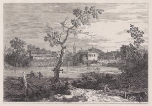 Udsigt over en by på en flodbred, fra serien Vedute (Views) af Canaletto (Giovanni Antonio Canal)