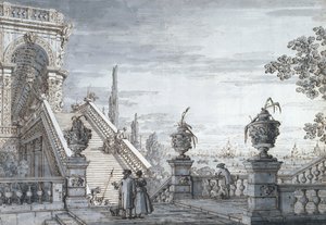 En capriccio med en monumental trappe af Canaletto