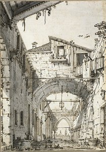 Capriccio: A Street Crossed by Arches (recto) Skitser af døråbning, trappe og anden sal i bygningen (verso) af Canaletto
