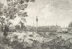 Imaginær udsigt over Padova, med en kirke med en kuplet kirke til venstre, en søjle overgået..., 1735-46. af Canaletto