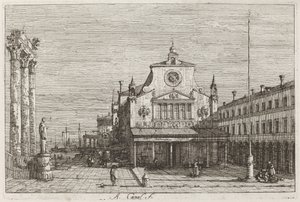 Imaginær udsigt over S. Giacomo di Rialto [øverst til højre] af Canaletto
