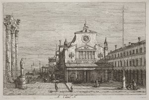 Fantasiudsigt over S. Giacomo di Rialto [øverst til højre] af Canaletto