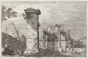 Landskab med ødelagte monumenter [til højre] af Canaletto