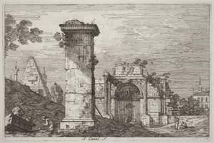 Landskab med ruinmonumenter [til højre] af Canaletto