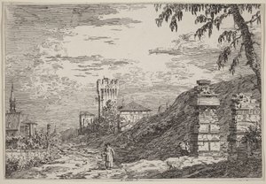 Landskab med tårn og to forfaldne søjler af Canaletto