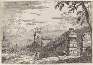 Landskab med tårn og to ødelagte søjler, ca. 17351746. af Canaletto