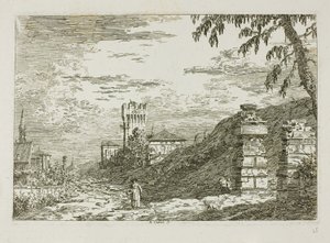 Landskab med tårn og to ødelagte søjler, fra Vedute af Canaletto