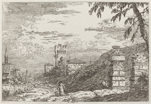 Landskab med tårn og to ødelagte søjler [til venstre], ca. 17351746. af Canaletto