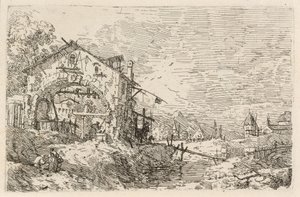 Landskab med en kvinde ved en brønd, ca. 1740. af Canaletto