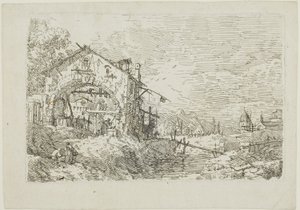 Landskab med en kvinde ved en brønd, fra Vedute af Canaletto