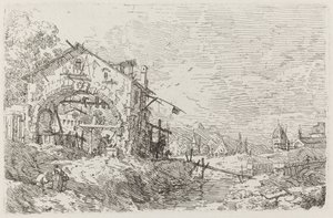 Landskab med en kvinde ved en brønd [nederst til venstre] af Canaletto