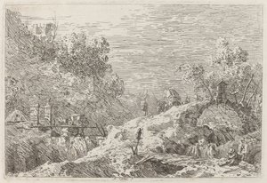 Bjerglandskab med fem broer af Canaletto