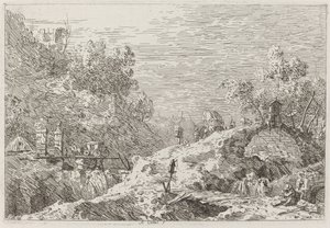 Bjerglandskab med fem broer [nederst til højre], ca. 17351746. af Canaletto