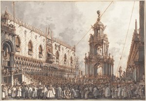 Festivalen «Giovedì Grasso» foran Dogepaladset i Venedig af Canaletto