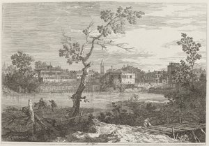 Udsigt over en by på en flodbred af Canaletto