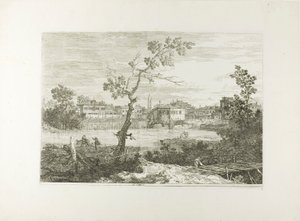 Udsigt til en by på en flodbred af Canaletto