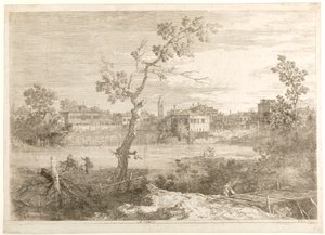 Udsigt over en by ved en flodbred, fra serien «Udsigter» af Canaletto