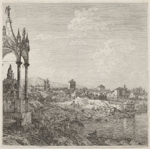 Udsigt over en by med en bispegrav af Canaletto