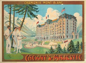 Plakat, der reklamerer for hotellet "Cachat"s Majestic" og Chamonix-Mont Blanc, ca. 1910