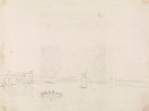 Skitse af både og en stor bygning fra den anden side af Medina-floden af Capt. Thomas Hastings