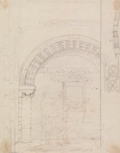 Skitse af figurer, der står under en stenbue af Capt. Thomas Hastings