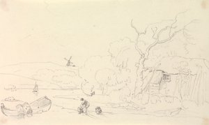 Skitse af et sommerhus ved floden med en vindmølle i det fjerne af Capt. Thomas Hastings